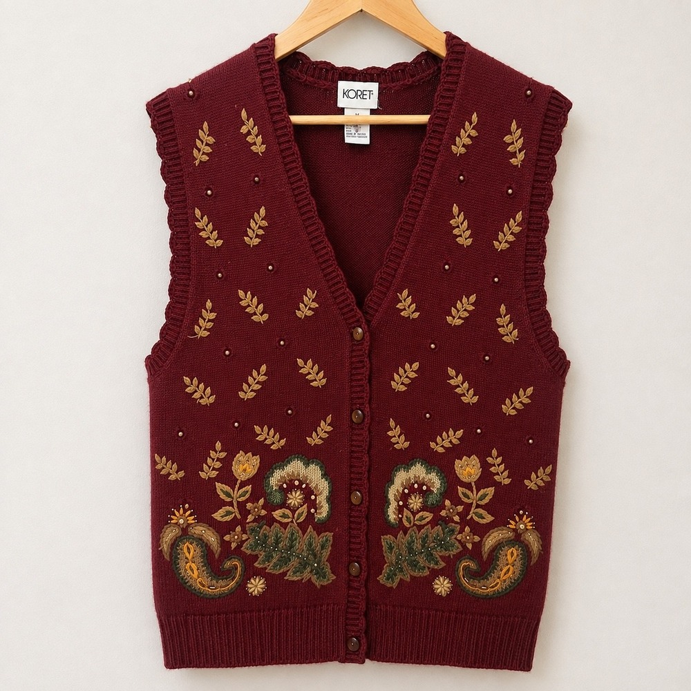 VTG Fall Autumn Koret Floral Embroidered Beaded Wool Blend Sweater Vest Size S